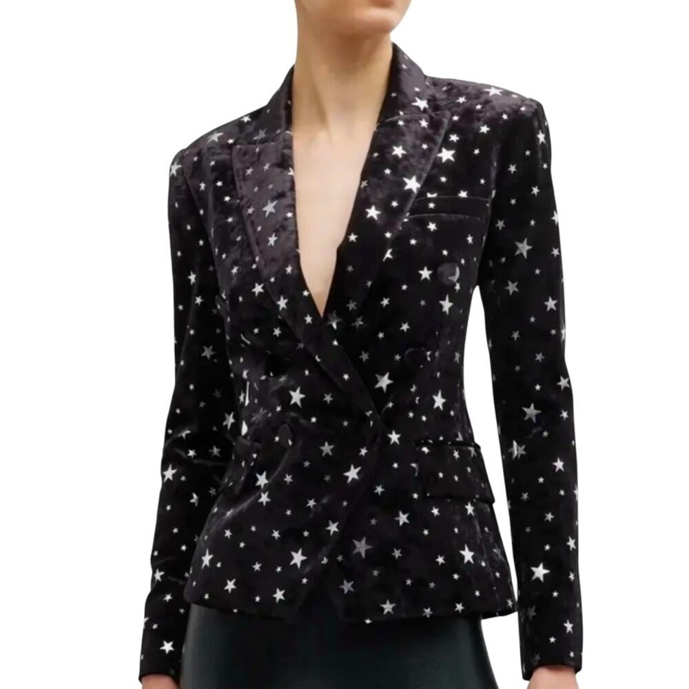 L’AGENCE Kenzie Star Print Glam Blazer Jacket ~ Black Silver metallic velvet